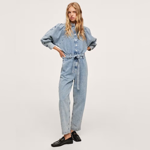 NWT MNG mango belt denim jumpsuit coveralls vintage light wash | size xxs - Picture 1 of 11